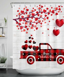 Valentine's Day Red Love Heart Tree Truck Shower Curtain for an Amorous Bathroom