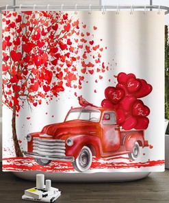 Valentine's Day Red Truck Love Tree Shower Curtain for Bathroom Decor