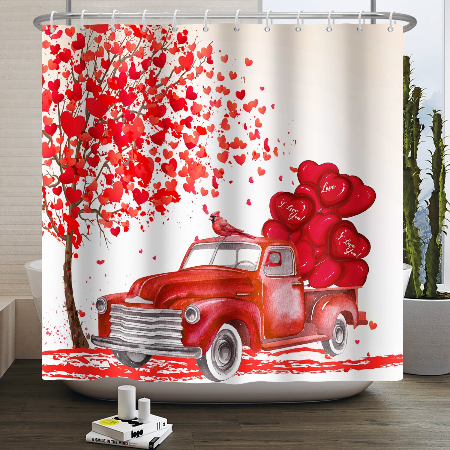 Valentine's Day Red Truck Love Tree Shower Curtain for Bathroom Decor