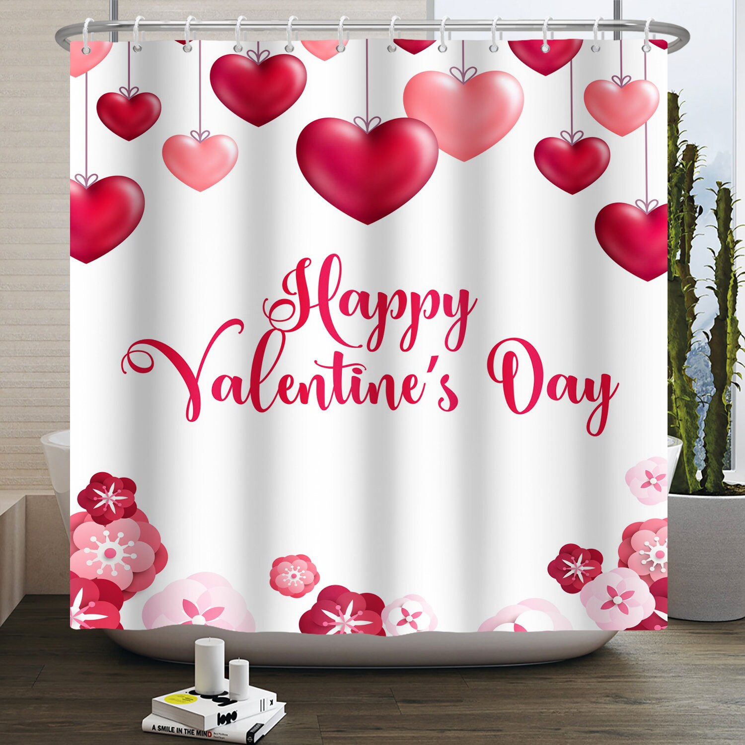Valentine's Day Red Truck Love Tree Shower Curtain for Bathroom Decor