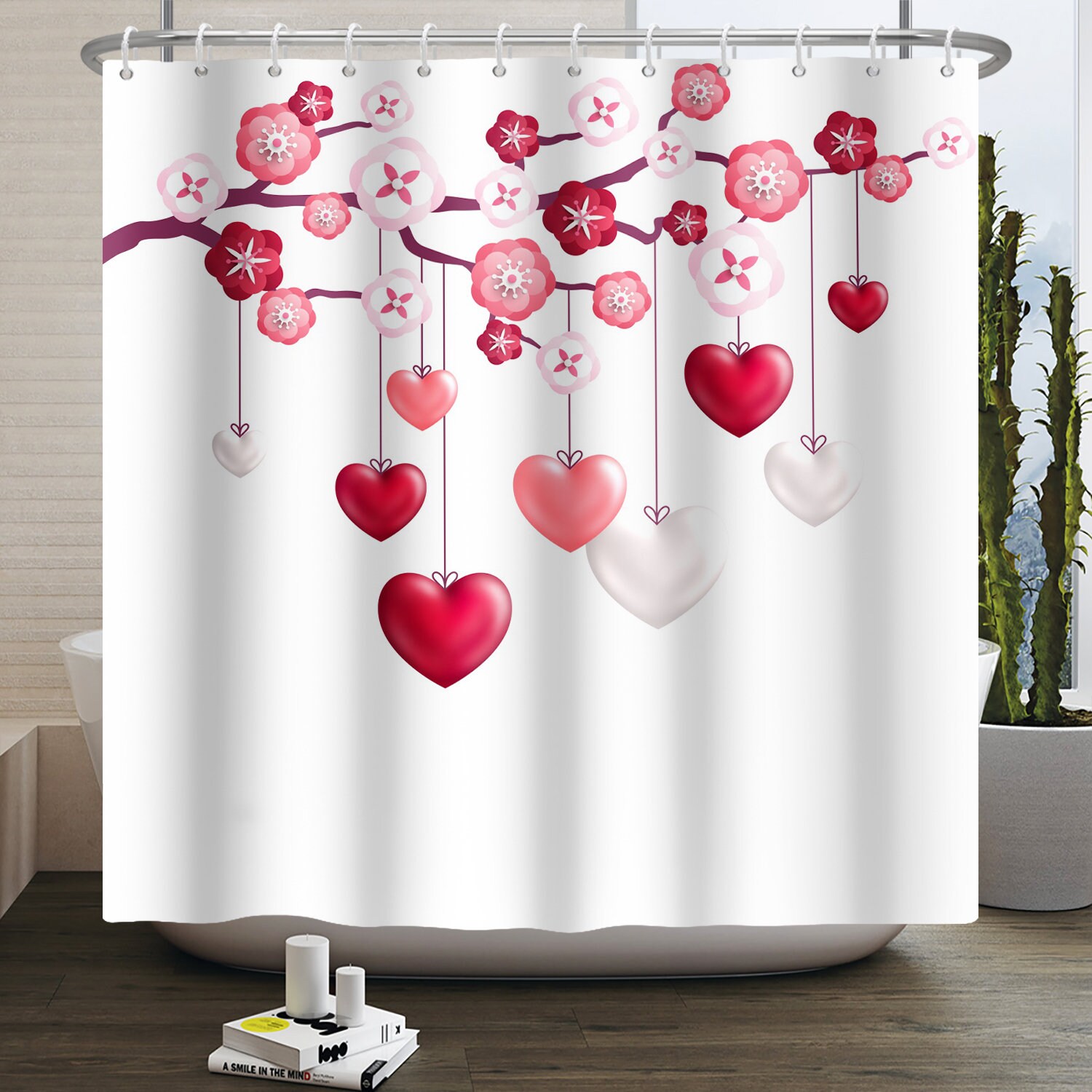 Valentine's Day Red Truck Love Tree Shower Curtain for Bathroom Decor