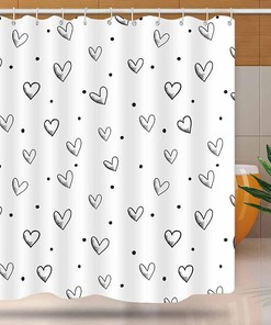 Valentine's Day Sweetheart Hearts Print Shower Curtain, Black and White Bathroom Decor, Durable Fabric Bath Curtain