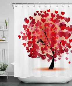 Valentine's Day Watercolor Red Bird Heart Tree Shower Curtain, Romantic Bathroom Decor