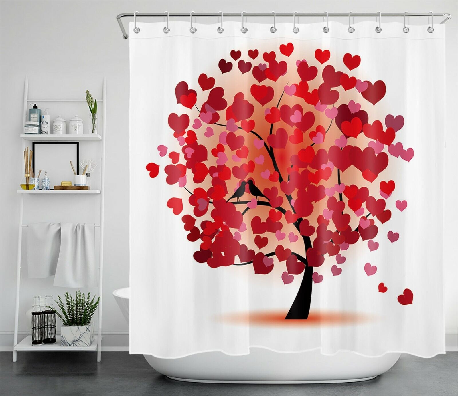 Valentine's Day Watercolor Red Bird Heart Tree Shower Curtain, Romantic Bathroom Decor