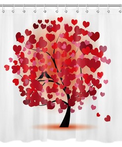 Valentine's Day Watercolor Red Bird Heart Tree Shower Curtain, Romantic Bathroom Decor