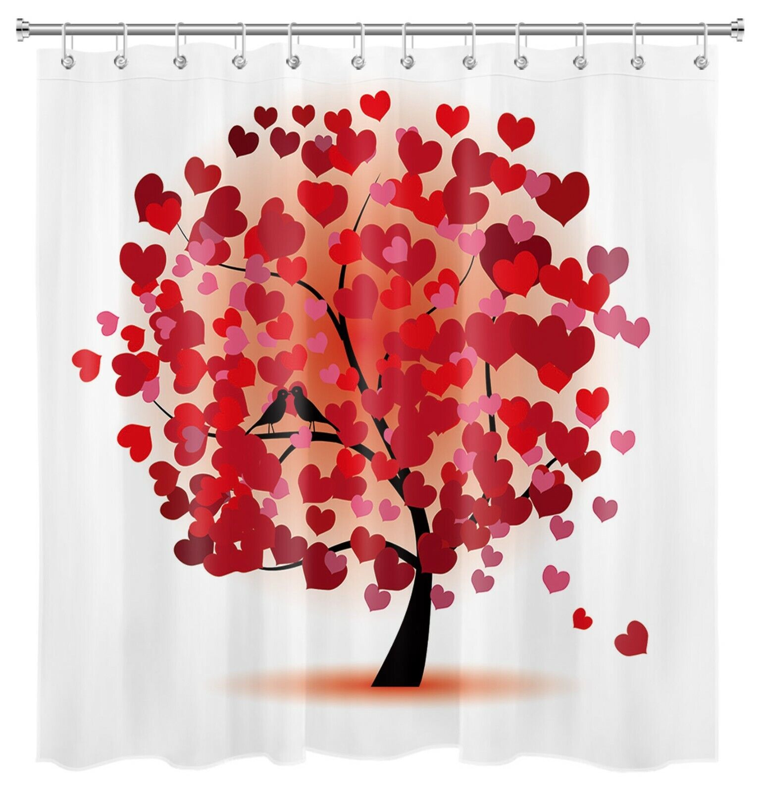 Valentine's Day Watercolor Red Bird Heart Tree Shower Curtain, Romantic Bathroom Decor