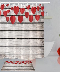 Valentines Day Wood Wall Shower Curtain - Waterproof Fabric Bathroom Decor with Red Hearts Design
