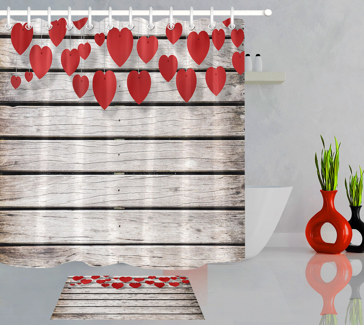 Valentines Day Wood Wall Shower Curtain - Waterproof Fabric Bathroom Decor with Red Hearts Design
