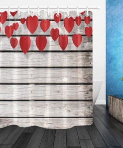 Valentines Day Wood Wall Shower Curtain - Waterproof Fabric Bathroom Decor with Red Hearts Design