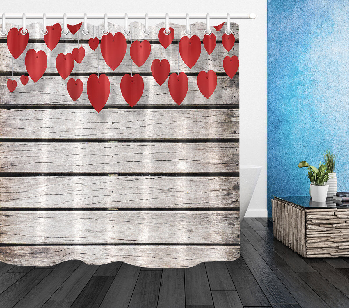 Valentines Day Wood Wall Shower Curtain - Waterproof Fabric Bathroom Decor with Red Hearts Design