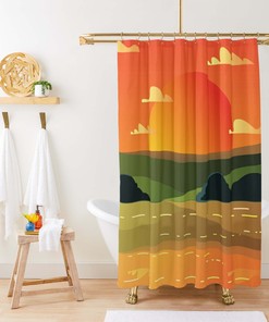 Valley Sunset Shower Curtain, Scenic Landscape Nature Pattern Fabric, Home Bathroom Decor 