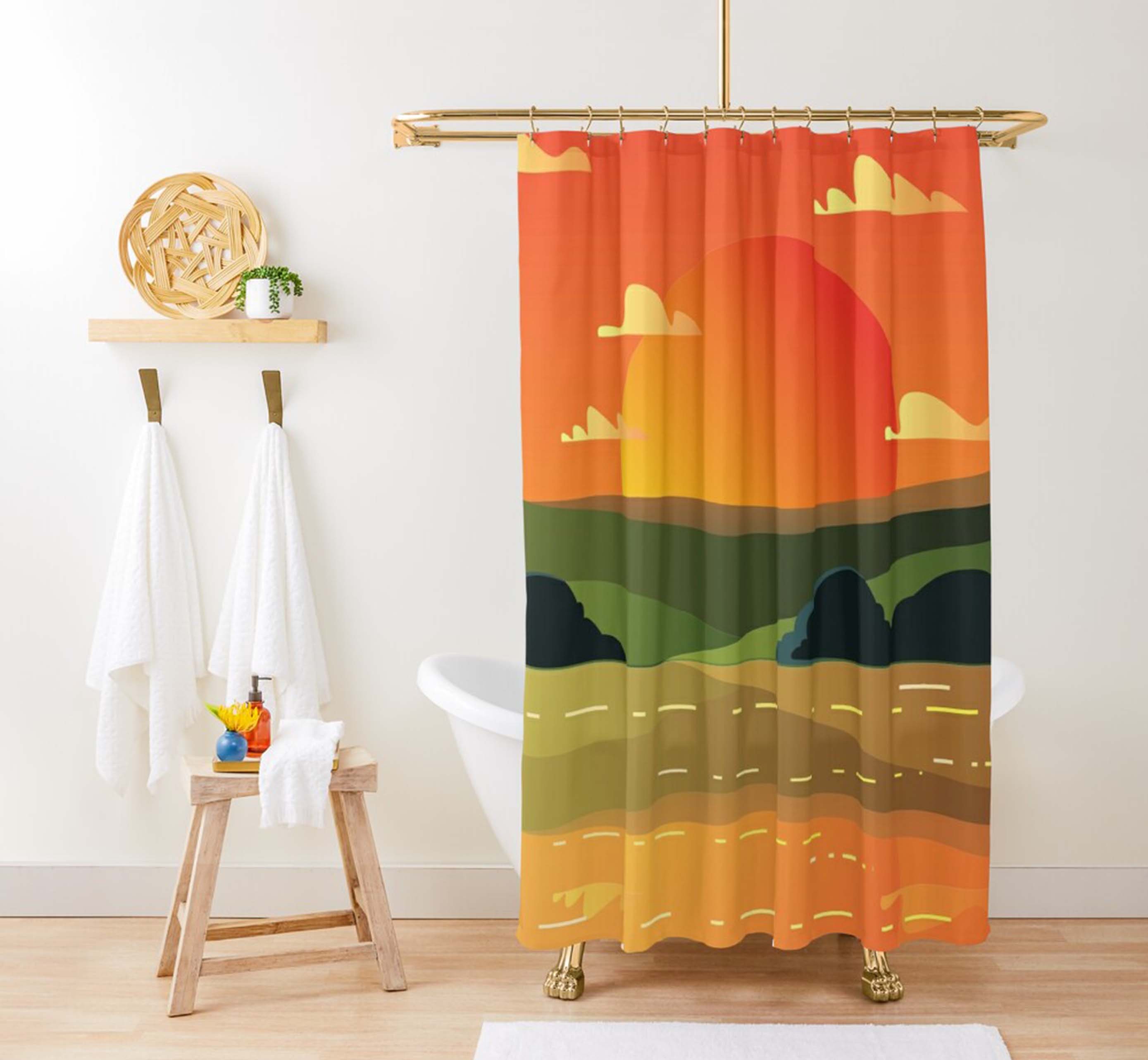 Valley Sunset Shower Curtain, Scenic Landscape Nature Pattern Fabric, Home Bathroom Decor
