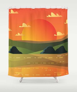 Valley Sunset Shower Curtain, Scenic Landscape Nature Pattern Fabric, Home Bathroom Decor
