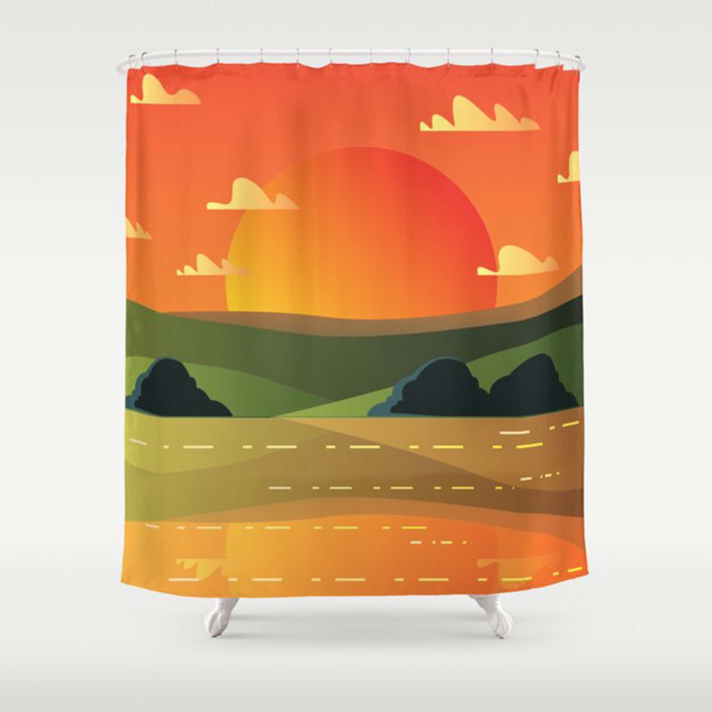 Valley Sunset Shower Curtain, Scenic Landscape Nature Pattern Fabric, Home Bathroom Decor