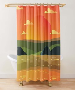 Valley Sunset Shower Curtain, Scenic Landscape Nature Pattern Fabric, Home Bathroom Decor