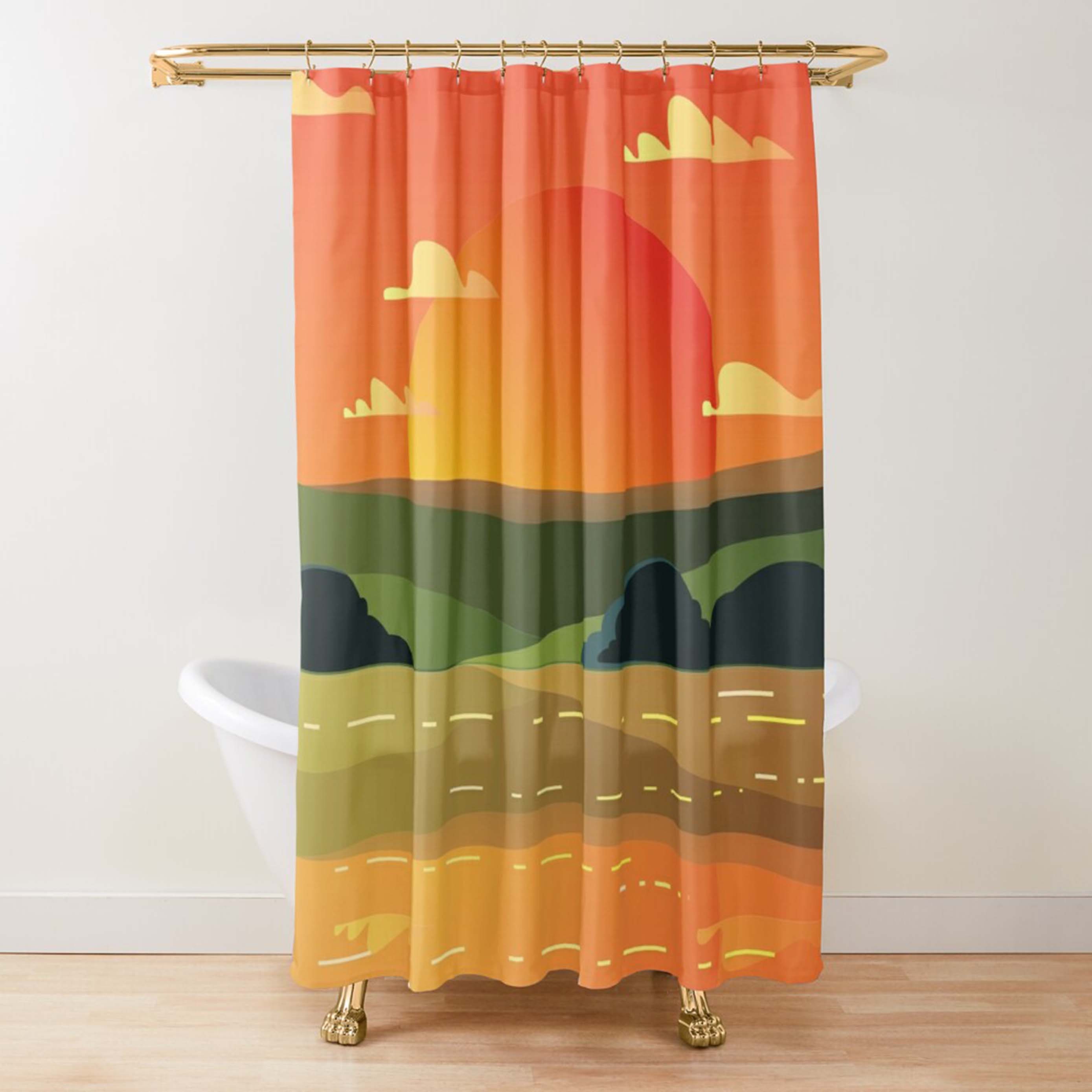 Valley Sunset Shower Curtain, Scenic Landscape Nature Pattern Fabric, Home Bathroom Decor