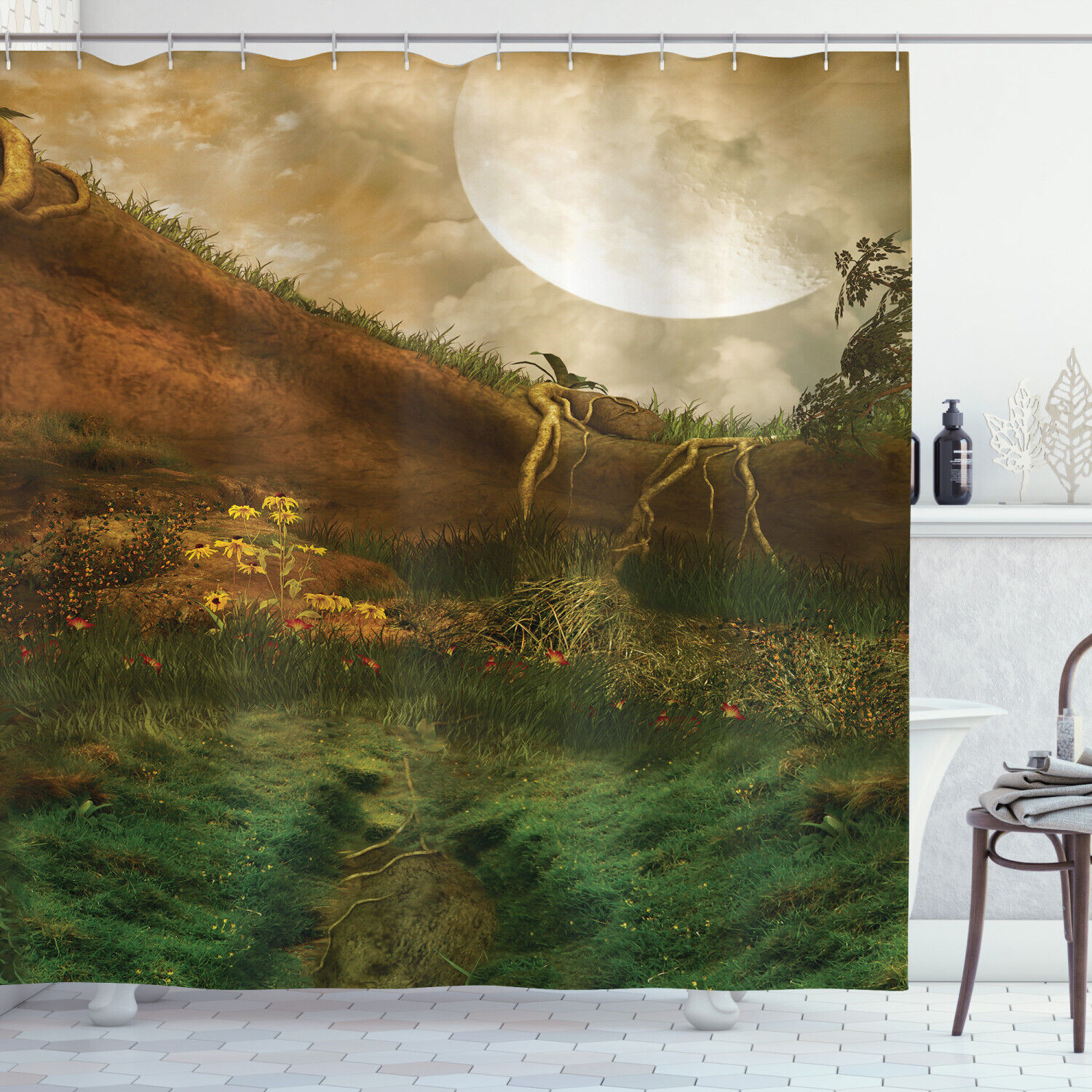 Valley with Full Moon Landscape Shower Curtain for Serene Bathroom Decor