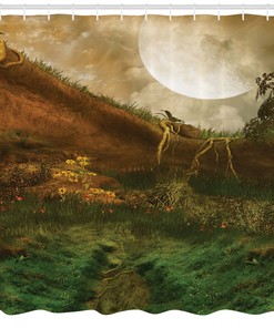 Valley with Full Moon Landscape Shower Curtain for Serene Bathroom Decor