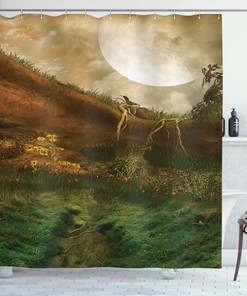 Valley with Full Moon Landscape Shower Curtain for Serene Bathroom Decor