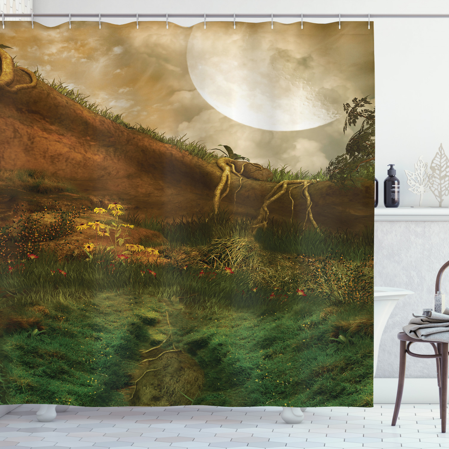 Valley with Full Moon Landscape Shower Curtain for Serene Bathroom Decor