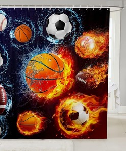 Various Ball Print Basketball Fabric Shower Curtain- Sports Theme Bathroom Decor For Boys And Girls