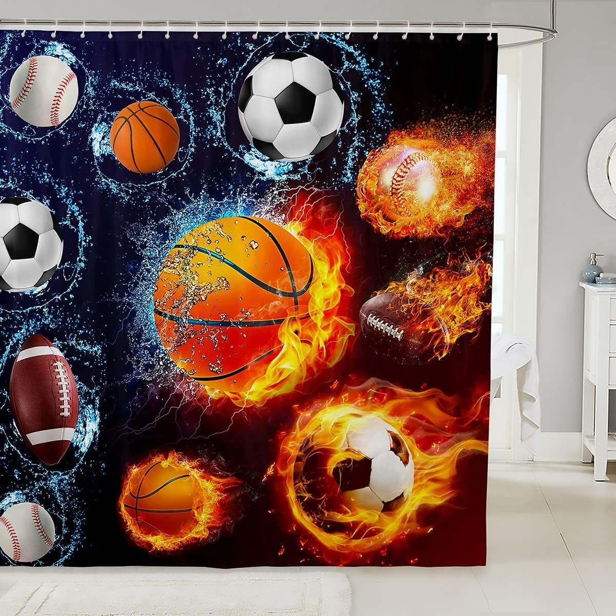 Various Ball Print Basketball Fabric Shower Curtain- Sports Theme Bathroom Decor For Boys And Girls