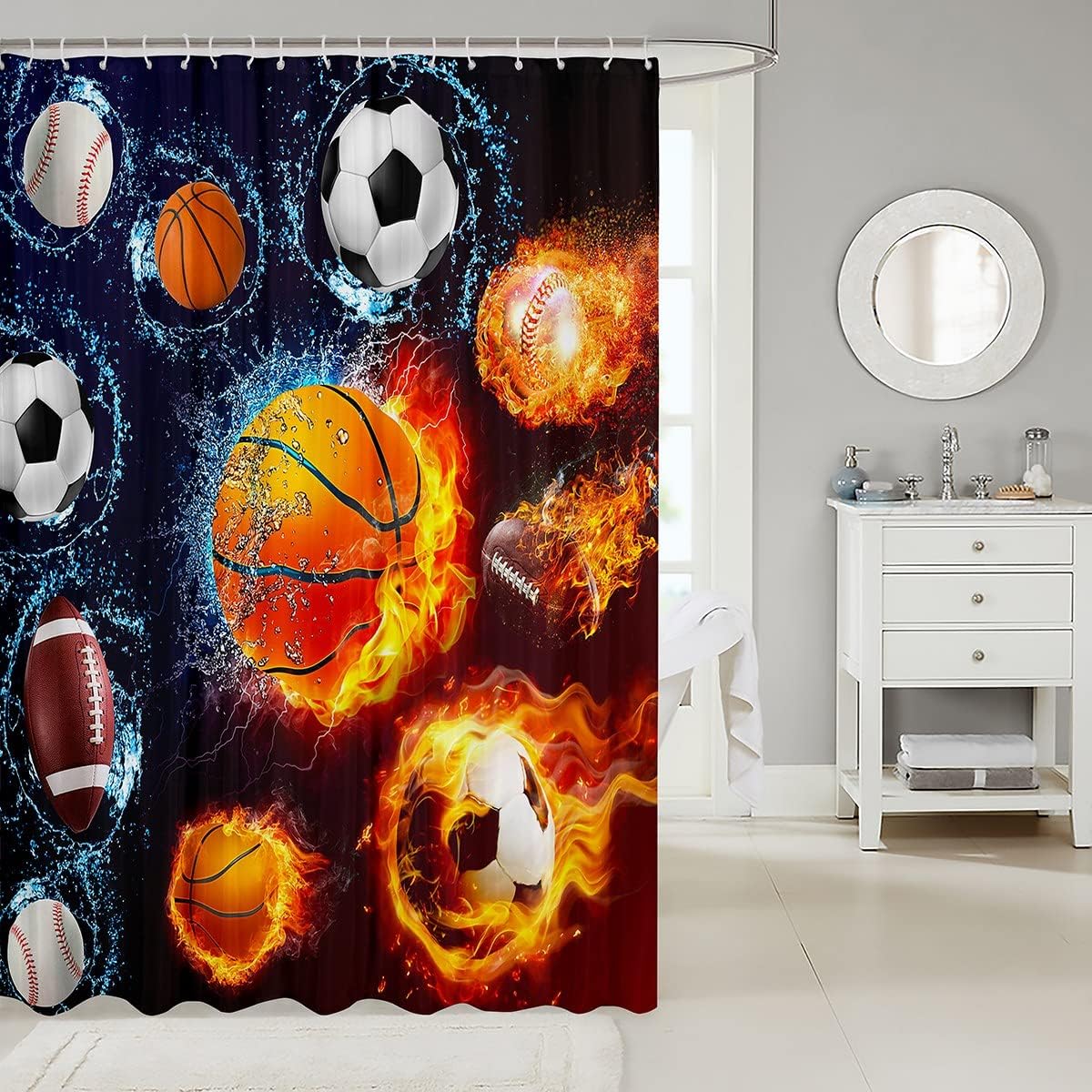 Various Ball Print Basketball Fabric Shower Curtain- Sports Theme Bathroom Decor For Boys And Girls - Image 2