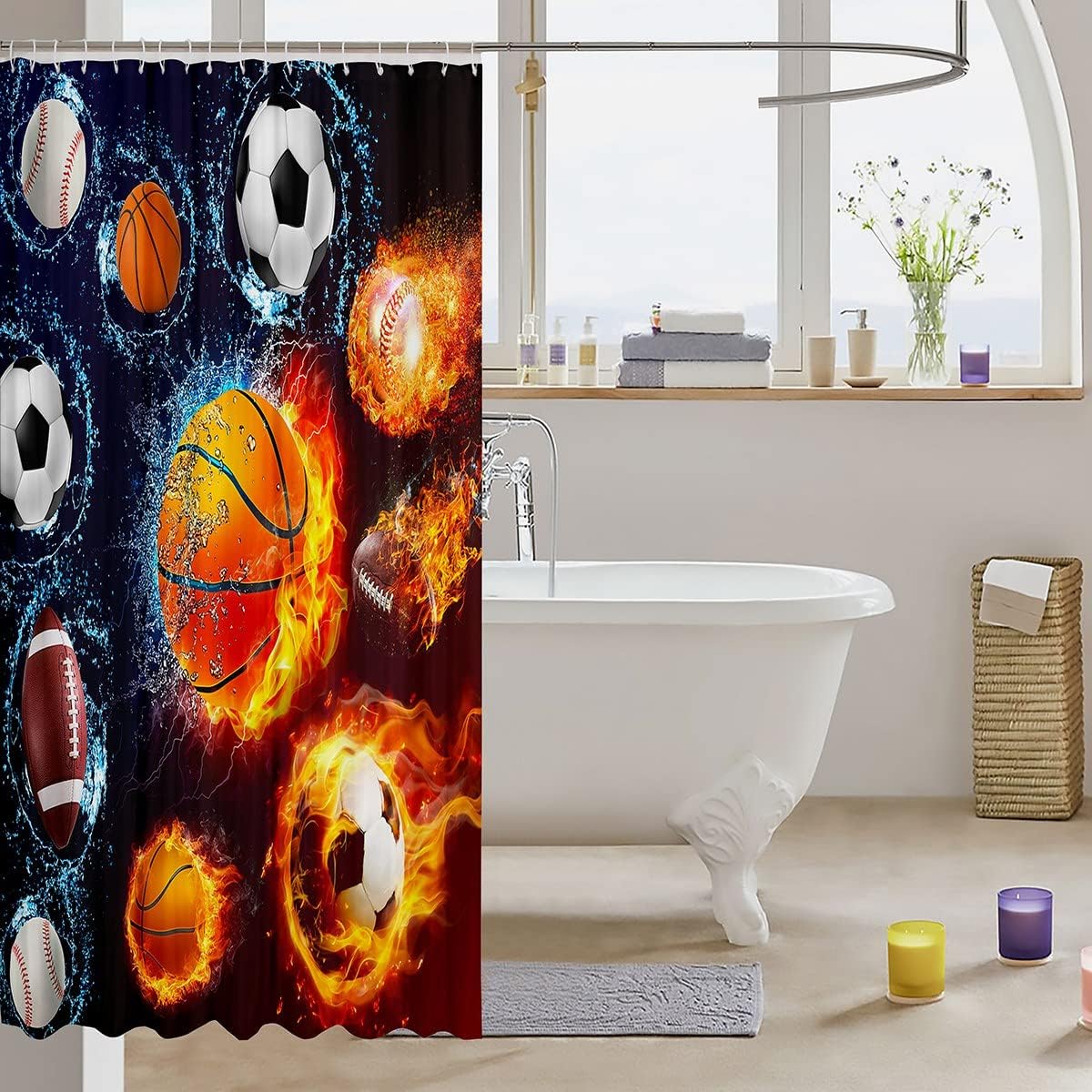 Various Ball Print Basketball Fabric Shower Curtain- Sports Theme Bathroom Decor For Boys And Girls - Image 3