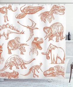 Various Dinosaurs Shower Curtain | Skeleton Illustrations Historic Theme | Cloth Fabric Bathroom Decor (Burnt Orange)