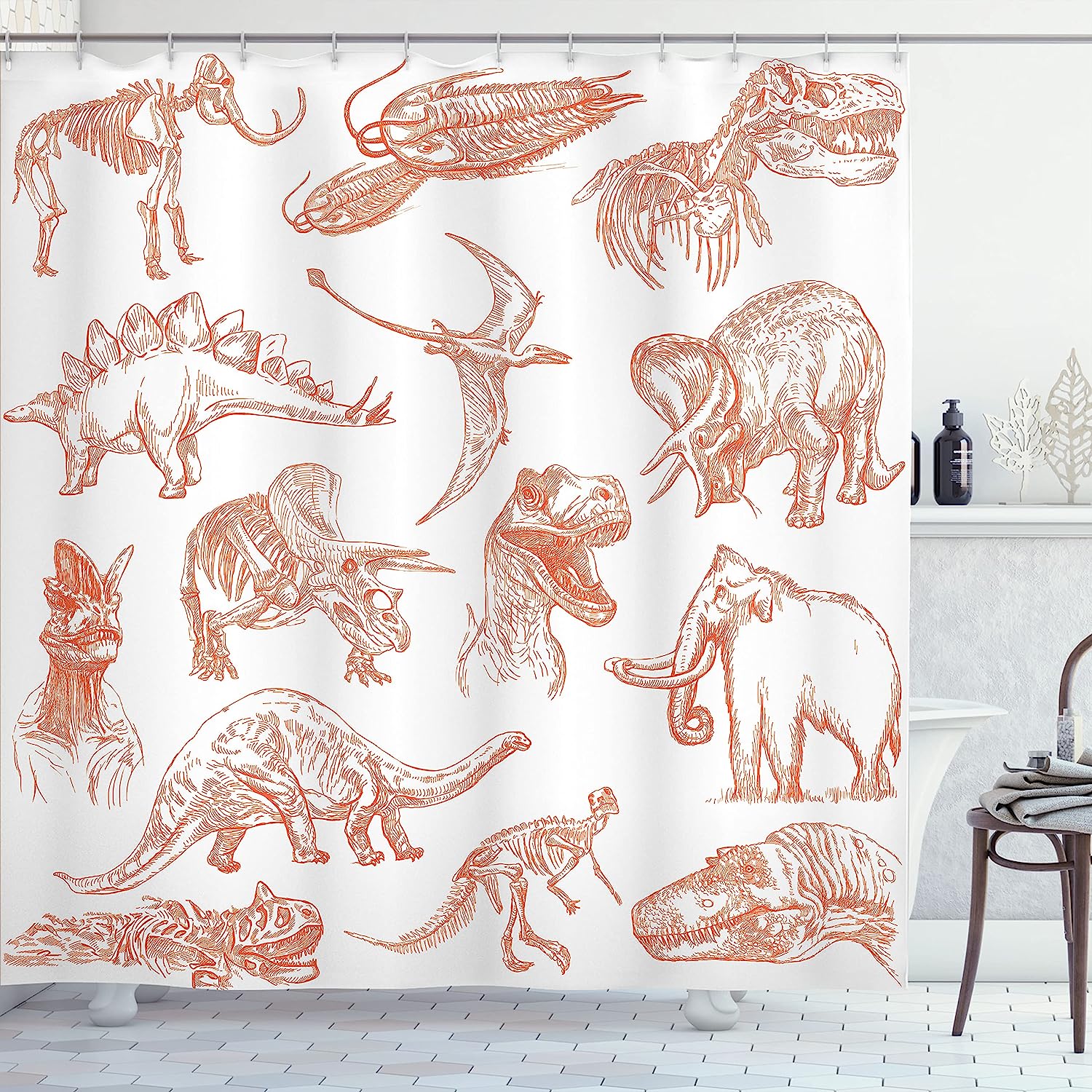 Various Dinosaurs Shower Curtain | Skeleton Illustrations Historic Theme | Cloth Fabric Bathroom Decor (Burnt Orange)