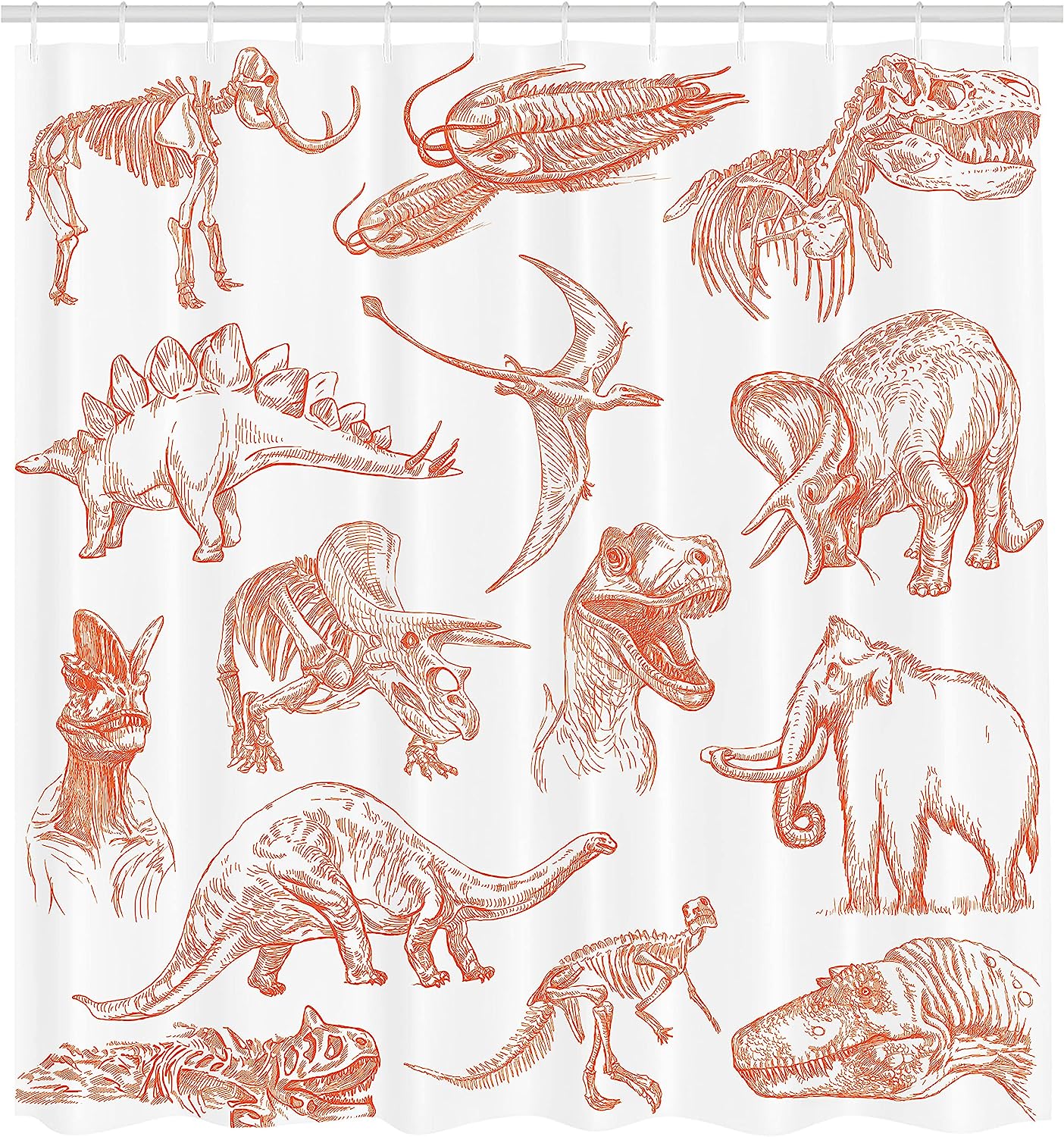 Various Dinosaurs Shower Curtain | Skeleton Illustrations Historic Theme | Cloth Fabric Bathroom Decor (Burnt Orange) - Image 2