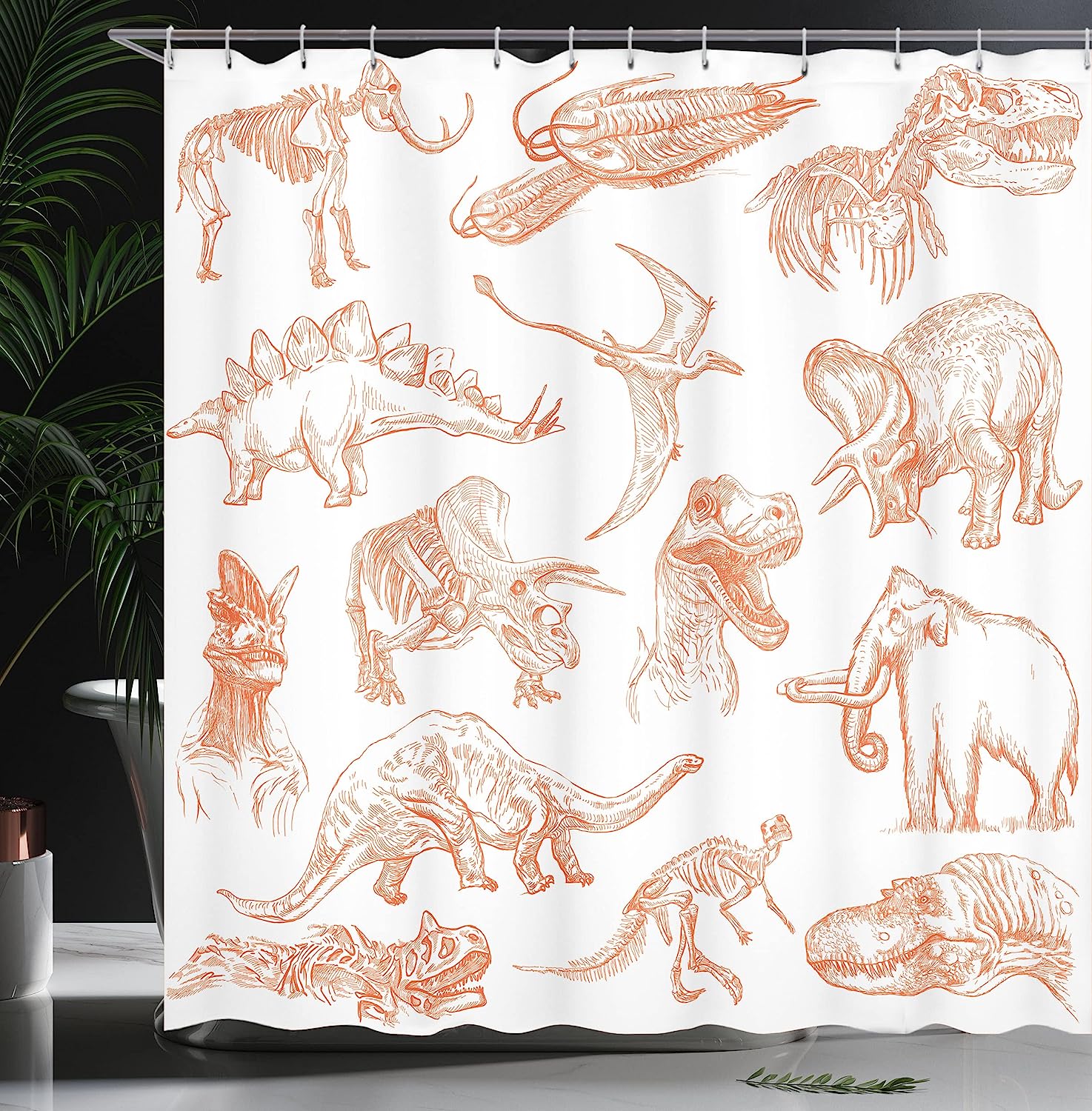 Various Dinosaurs Shower Curtain | Skeleton Illustrations Historic Theme | Cloth Fabric Bathroom Decor (Burnt Orange) - Image 3