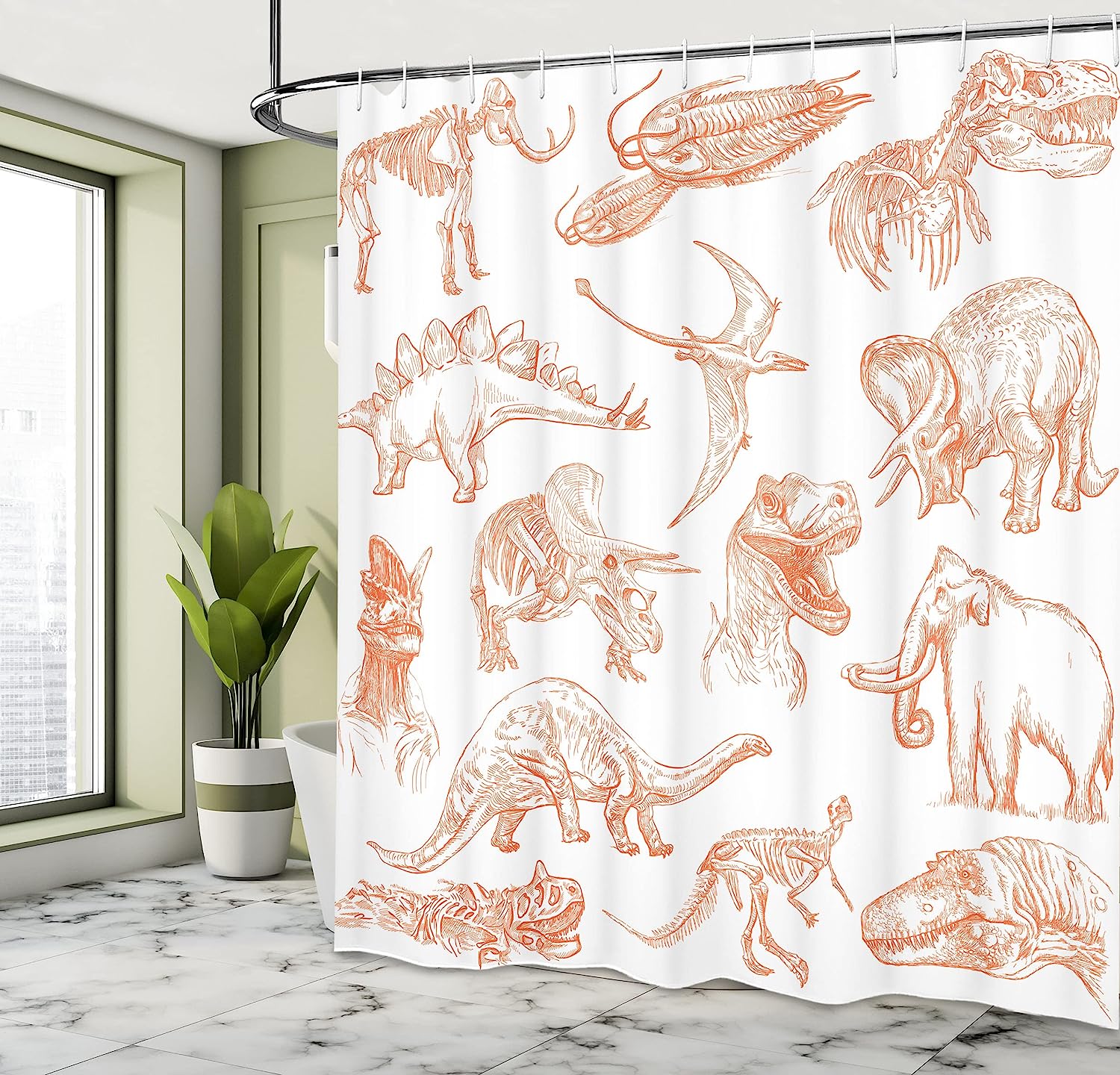 Various Dinosaurs Shower Curtain | Skeleton Illustrations Historic Theme | Cloth Fabric Bathroom Decor (Burnt Orange) - Image 4