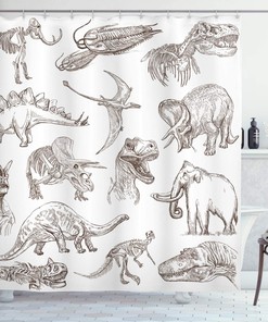 Various Dinosaurs Shower Curtain | Skeleton Illustrations Historic Theme | Cloth Fabric Bathroom Decor (Dark Brown)