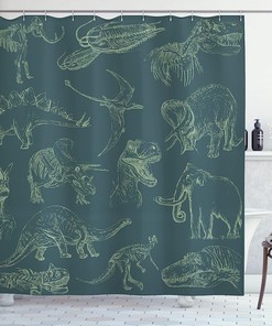 Various Dinosaurs Shower Curtain | Skeleton Illustrations Historic Theme | Cloth Fabric Bathroom Decor (Dark Teal)