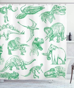 Various Dinosaurs Shower Curtain | Skeleton Illustrations Historic Theme | Cloth Fabric Bathroom Decor (Forest Green)