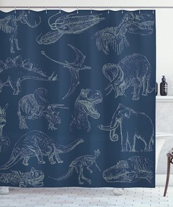 Various Dinosaurs Shower Curtain | Skeleton Illustrations Historic Theme | Cloth Fabric Bathroom Decor (Night Blue)