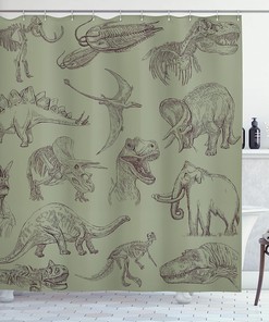 Various Dinosaurs Shower Curtain | Skeleton Illustrations Historic Theme | Cloth Fabric Bathroom Decor (Slate Brown)