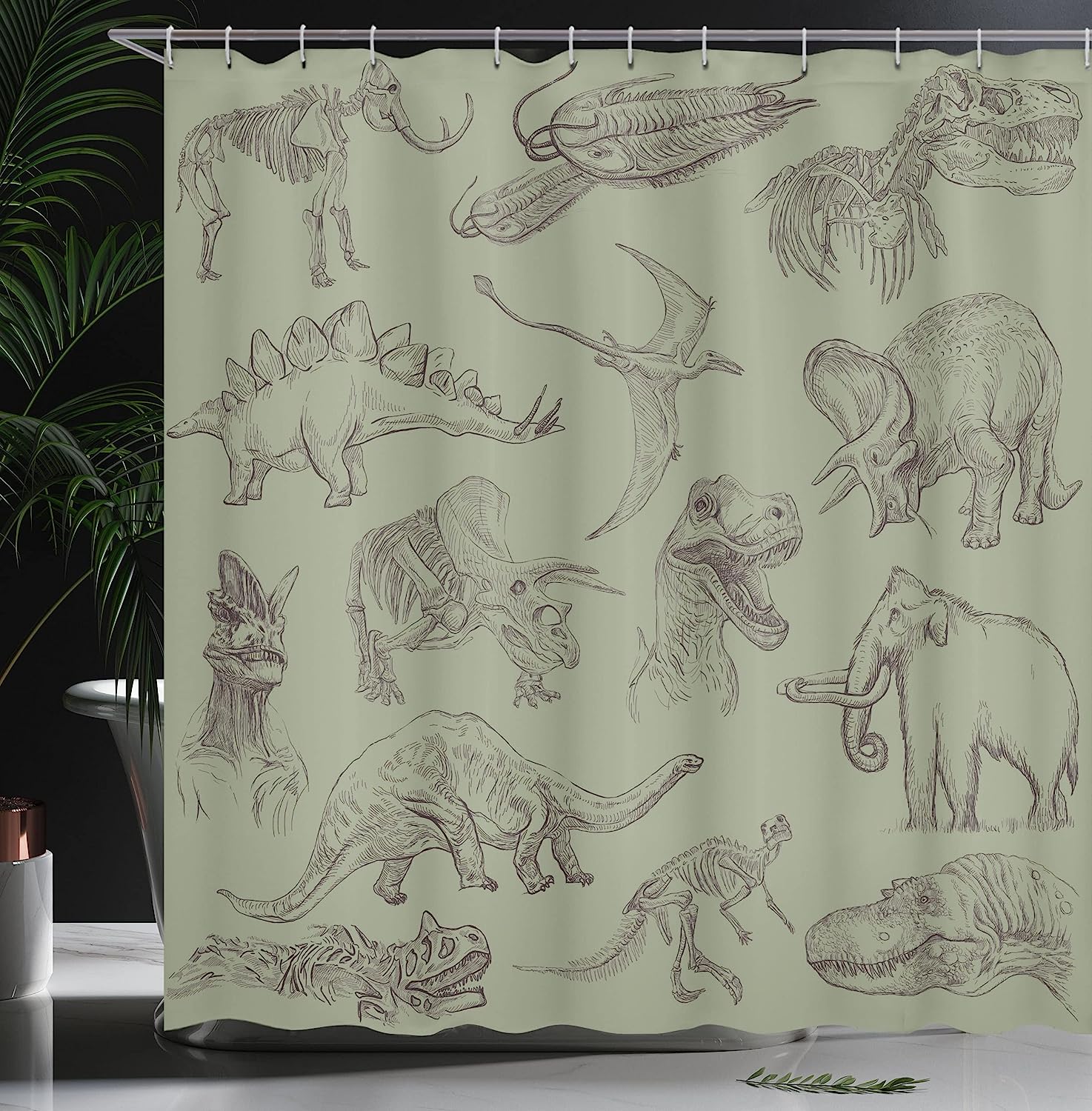 Various Dinosaurs Shower Curtain | Skeleton Illustrations Historic Theme | Cloth Fabric Bathroom Decor (Slate Brown) - Image 3