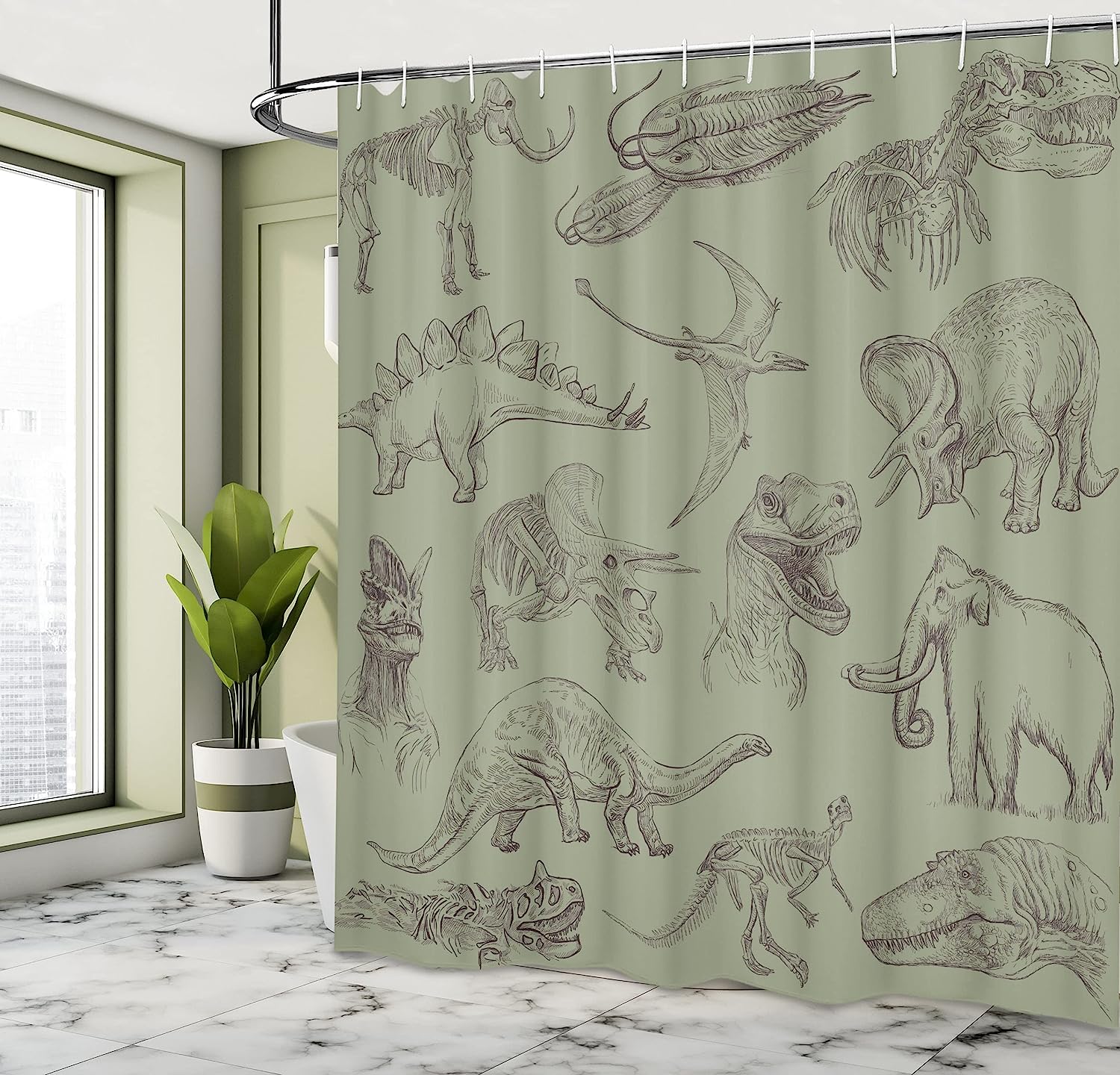 Various Dinosaurs Shower Curtain | Skeleton Illustrations Historic Theme | Cloth Fabric Bathroom Decor (Slate Brown) - Image 4