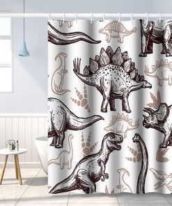 Various Dinosaurs Sketch Pattern Tan Shower Curtain for Dinosaur World Theme Kids Bathroom Decor