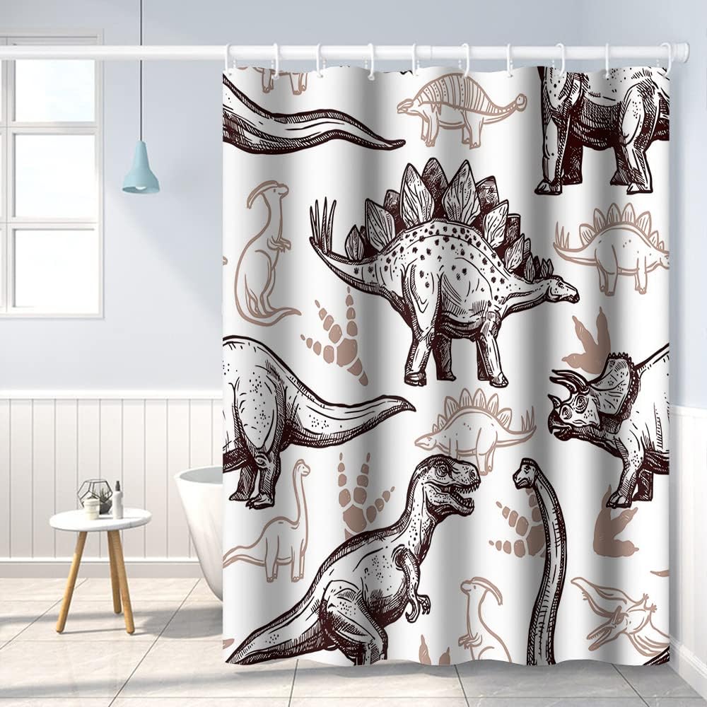 Various Dinosaurs Sketch Pattern Tan Shower Curtain for Dinosaur World Theme Kids Bathroom Decor