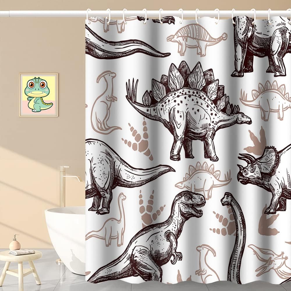 Various Dinosaurs Sketch Pattern Tan Shower Curtain for Dinosaur World Theme Kids Bathroom Decor