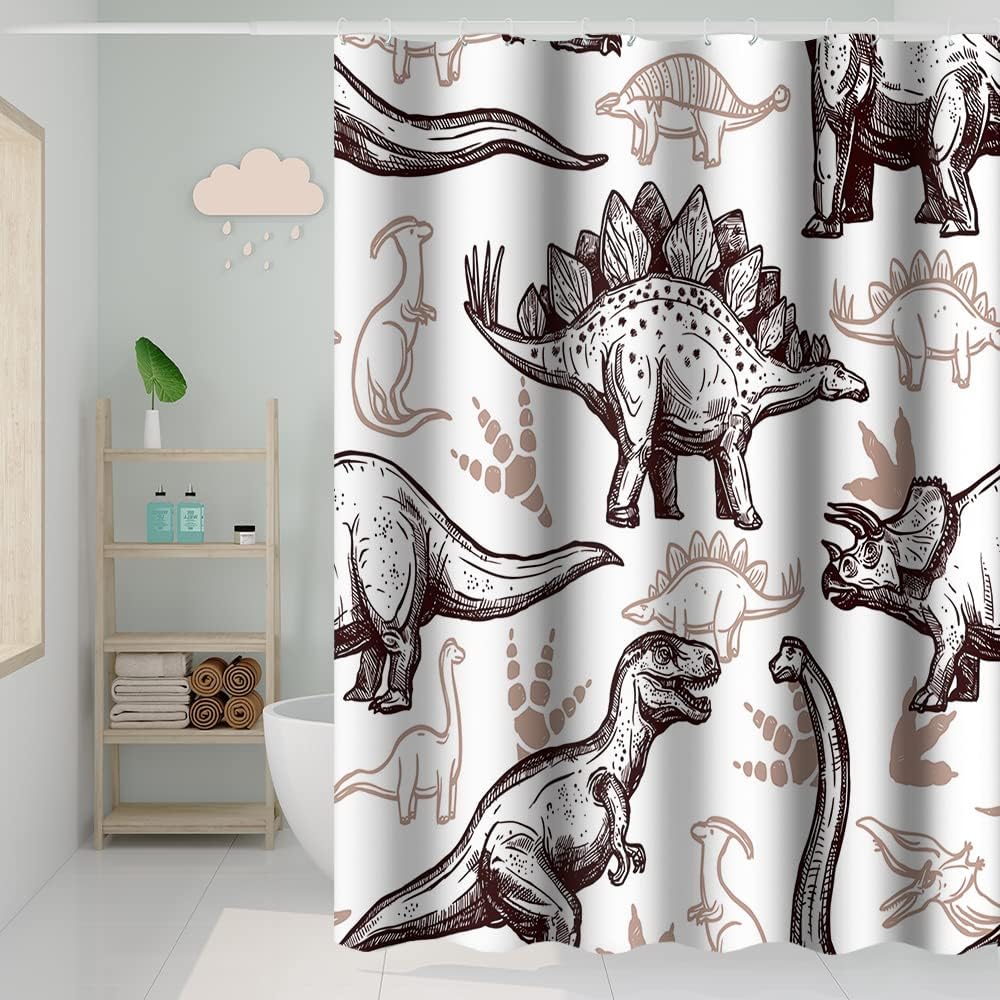 Various Dinosaurs Sketch Pattern Tan Shower Curtain for Dinosaur World Theme Kids Bathroom Decor