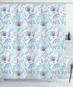 Various Sea Shell Pattern Underwater Bubbles Ocean Maritime Print Nautical Shower Curtain In Pale Blue Purple