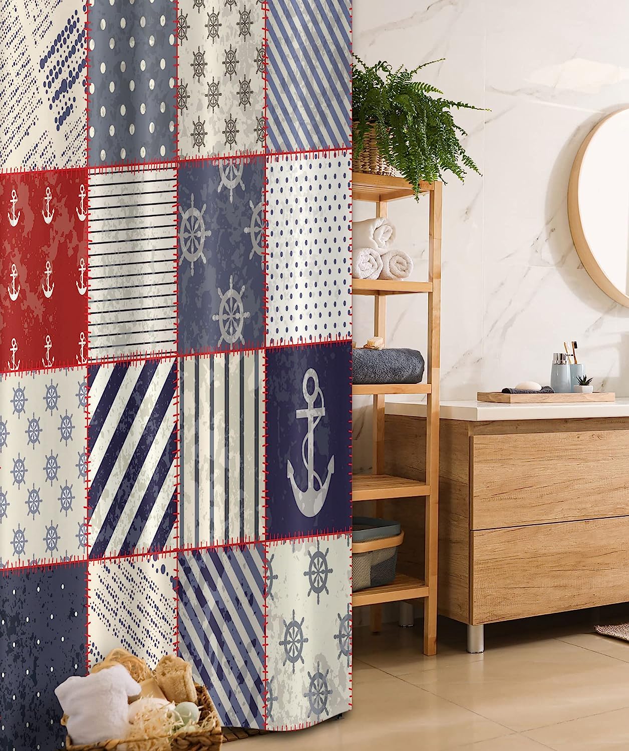 Vermilion Blue Maritime And Marine Life Design Vintage Sailor Knot Anchor Motifs Stall Shower Curtain
