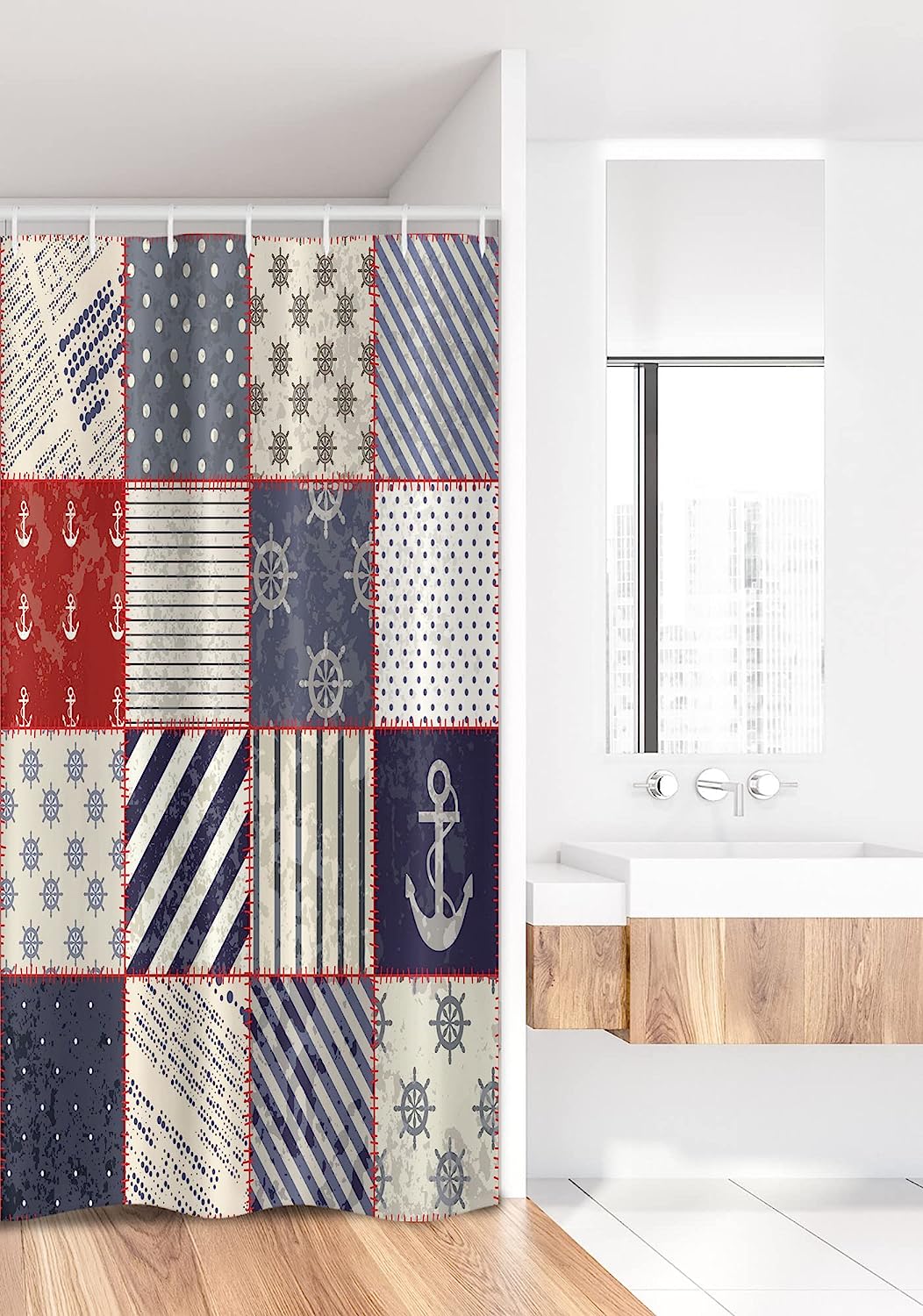 Vermilion Blue Maritime And Marine Life Design Vintage Sailor Knot Anchor Motifs Stall Shower Curtain - Image 2