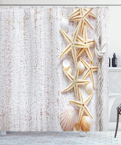 Vertical Direction Wood Surface Ocean Beach Nautical Print Seashells Shower Curtain