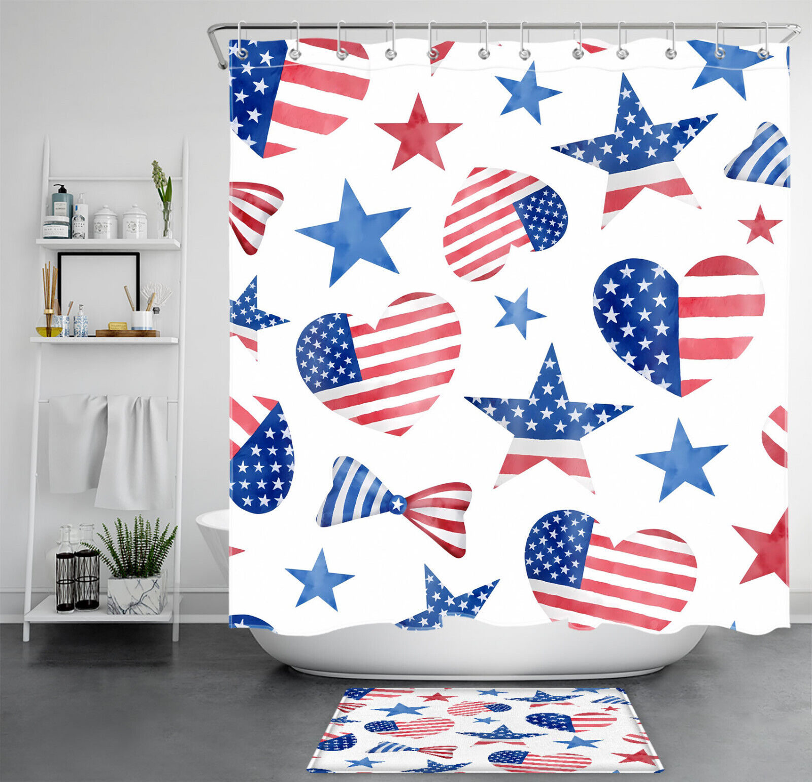 Veterans Independence Day Shower Curtain with Stars and Love Heart for a Patriotic Bathroom