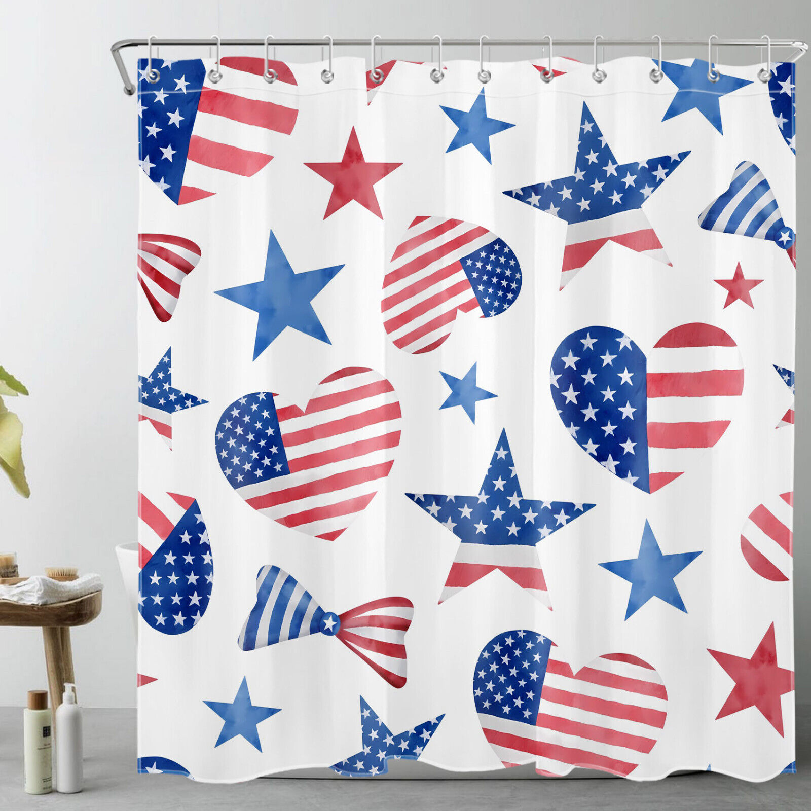 Veterans Independence Day Shower Curtain with Stars and Love Heart for a Patriotic Bathroom